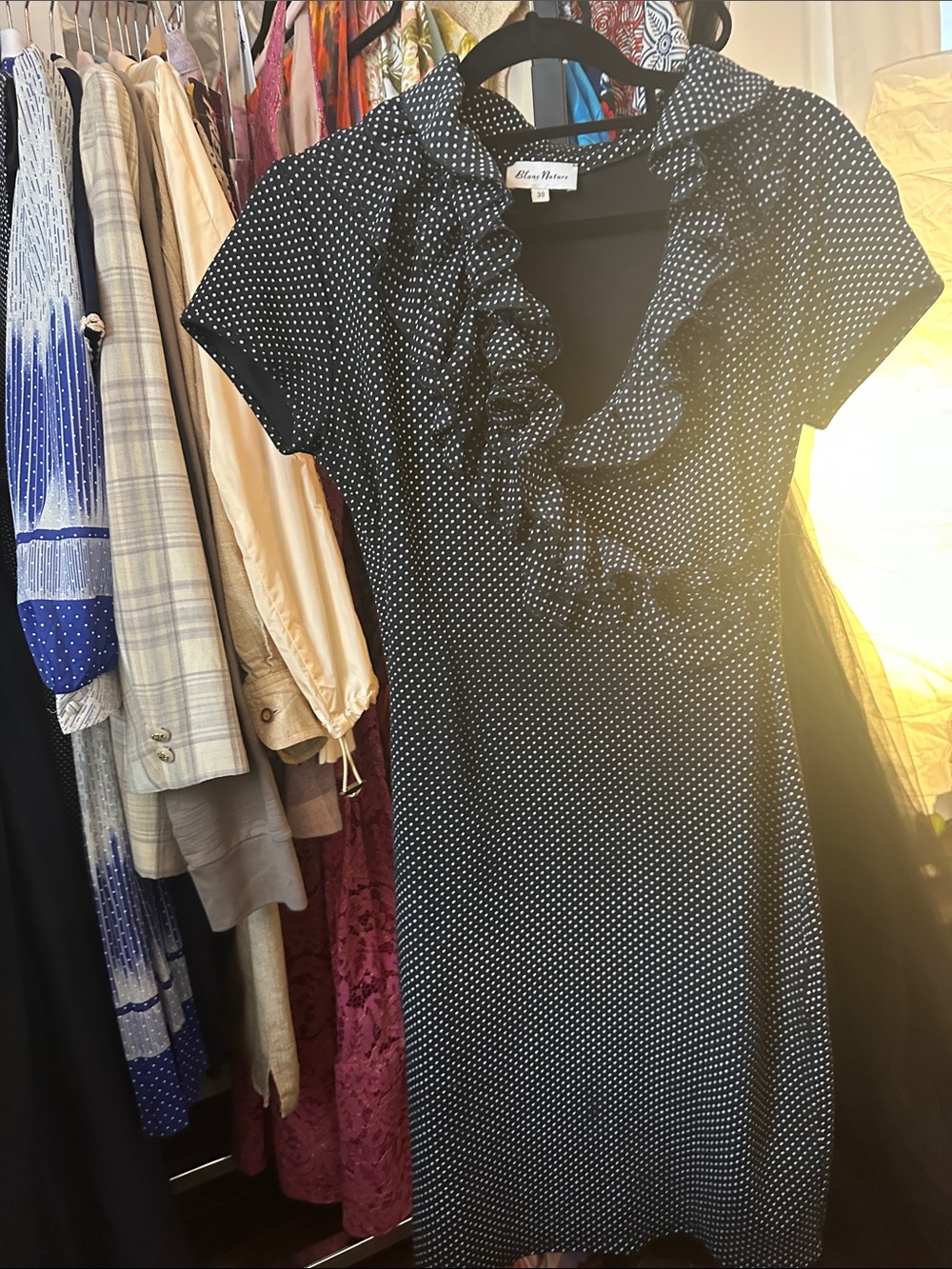 Sold! 38, 20” bust blanc nature, rayon blend stretch dot y2k flutter dress